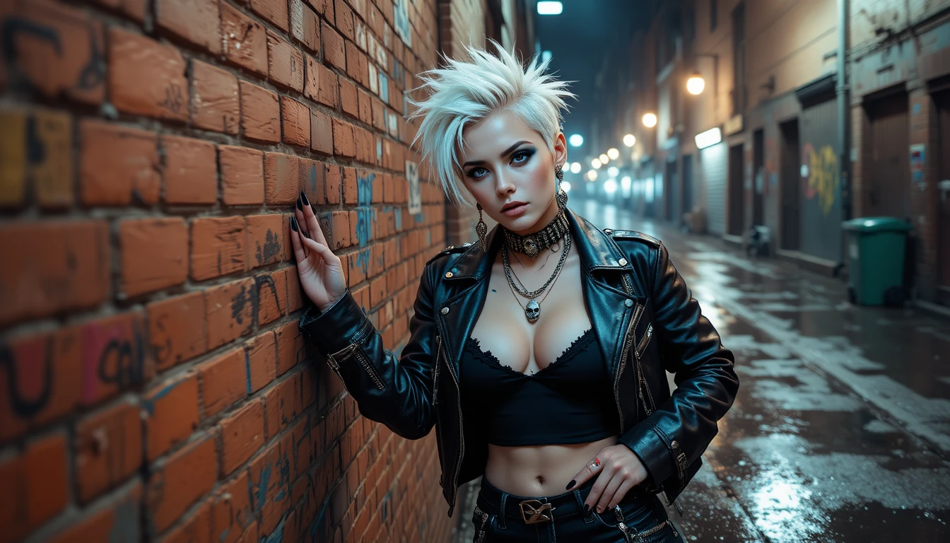 Mulher punk de cabelo branco em um beco urbano sombrio