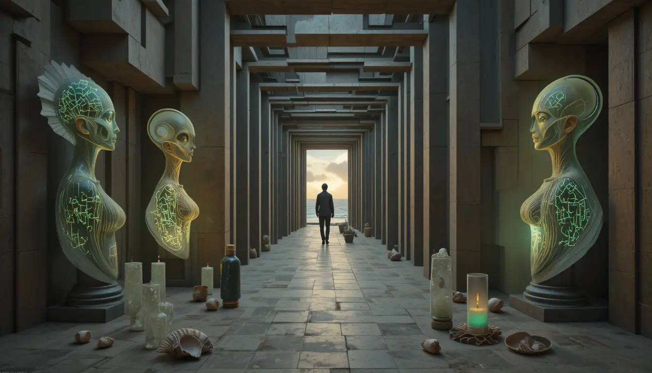 Ingresso di un labirinto surreale in una galleria d’arte futuristica