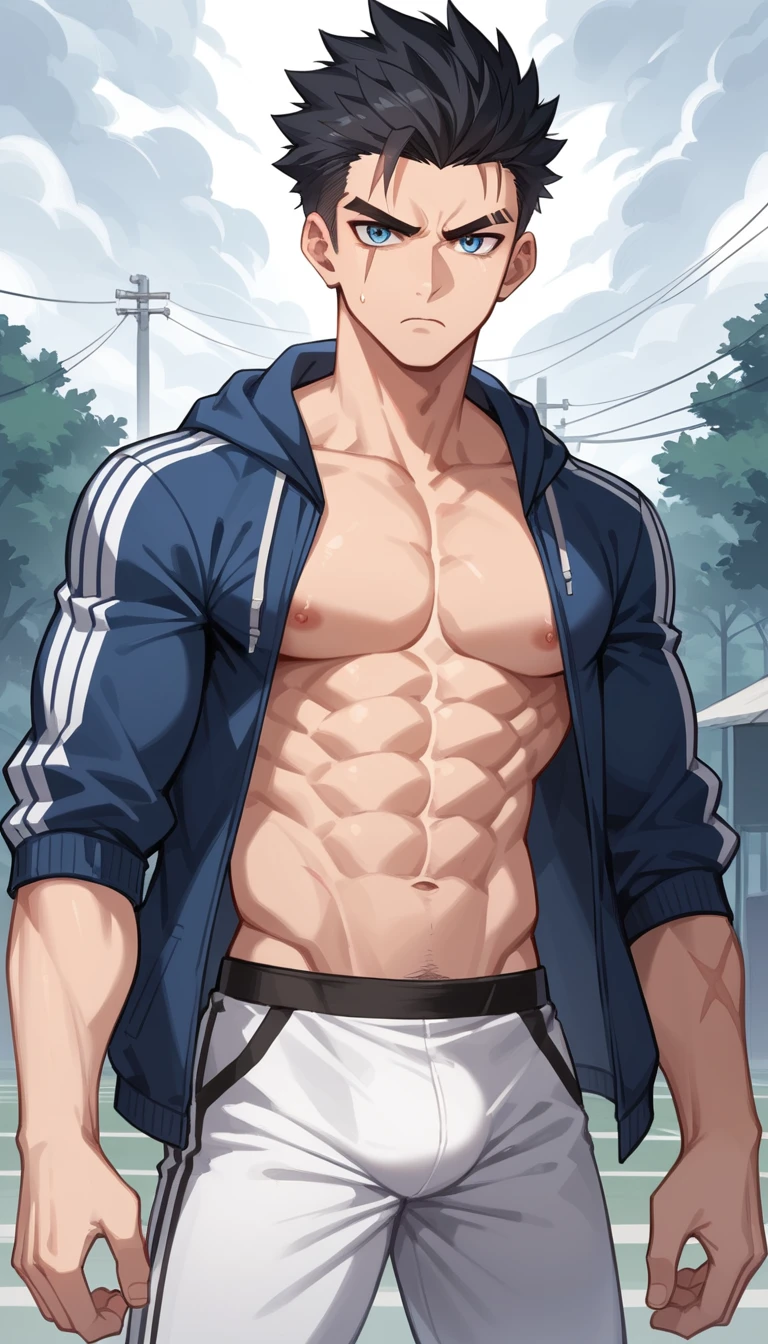 Homem alto e musculoso em estilo anime sob céu tempestuoso com relâmpagos