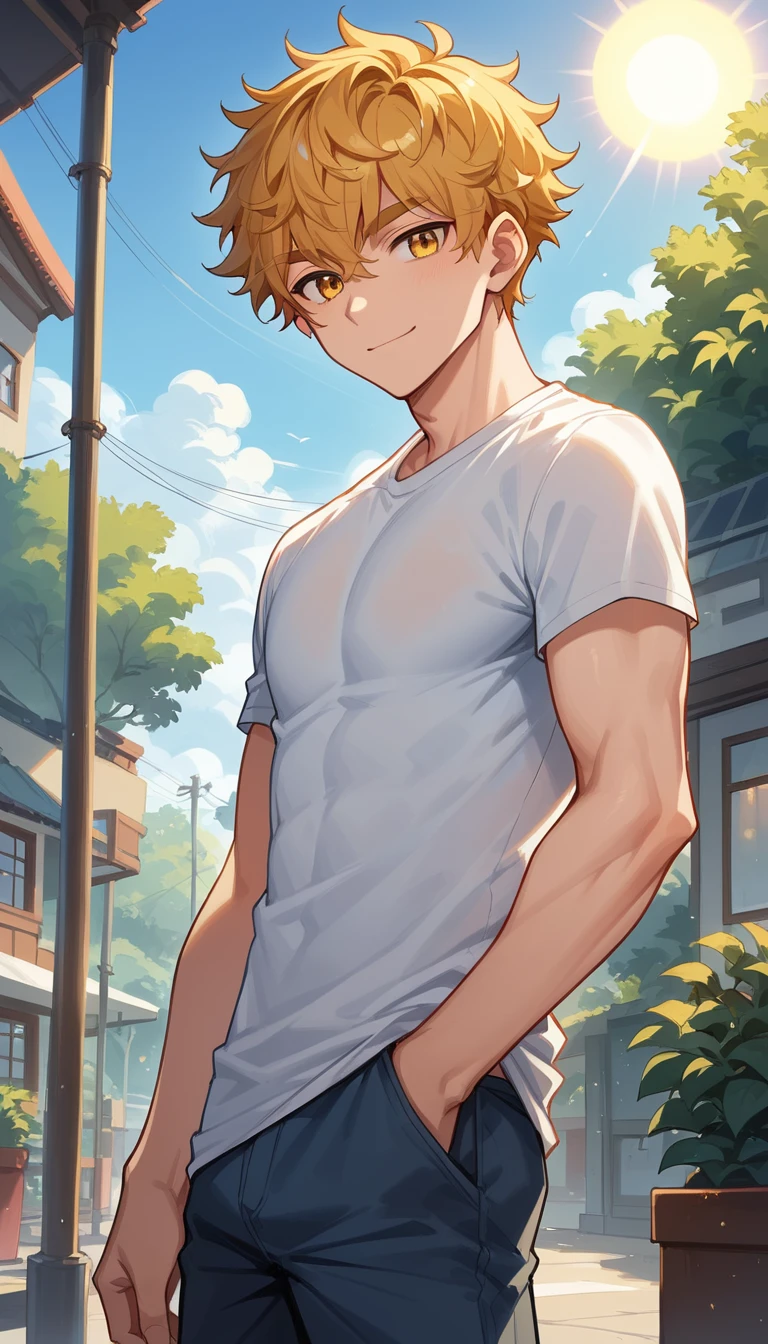 Homem alto de anime em pé ao ar livre ao nascer do sol