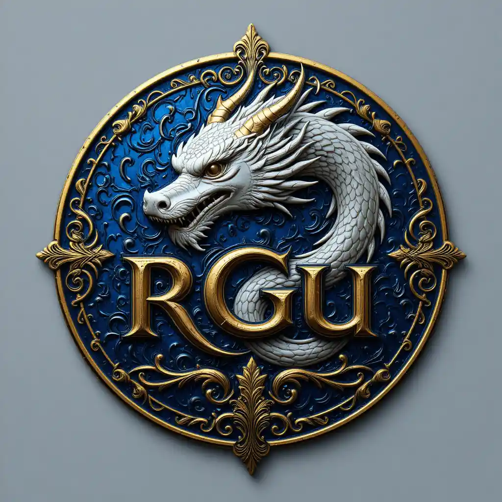 Logo con emblema di drago blu e raffinata tipografia dorata