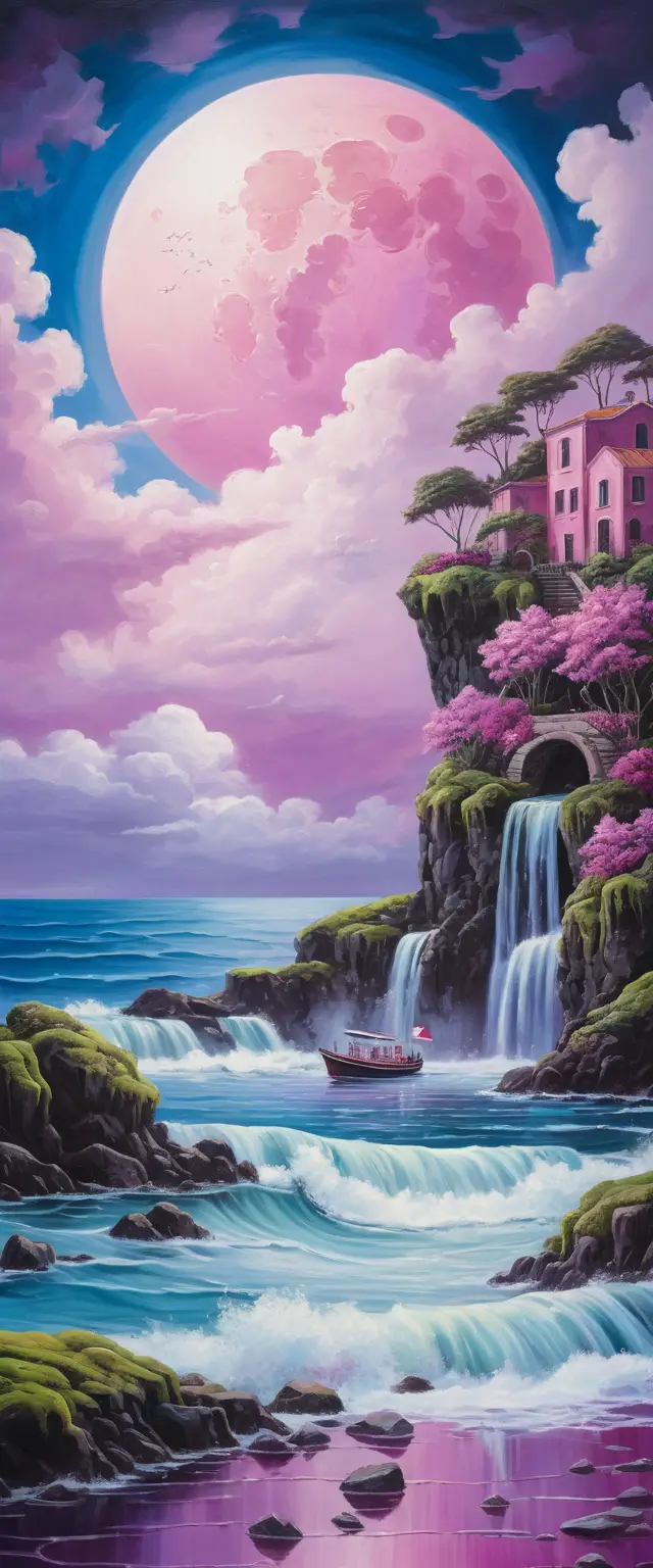 Traumhafte rosa Meereslandschaft mit Boot und fernem Wasserfall