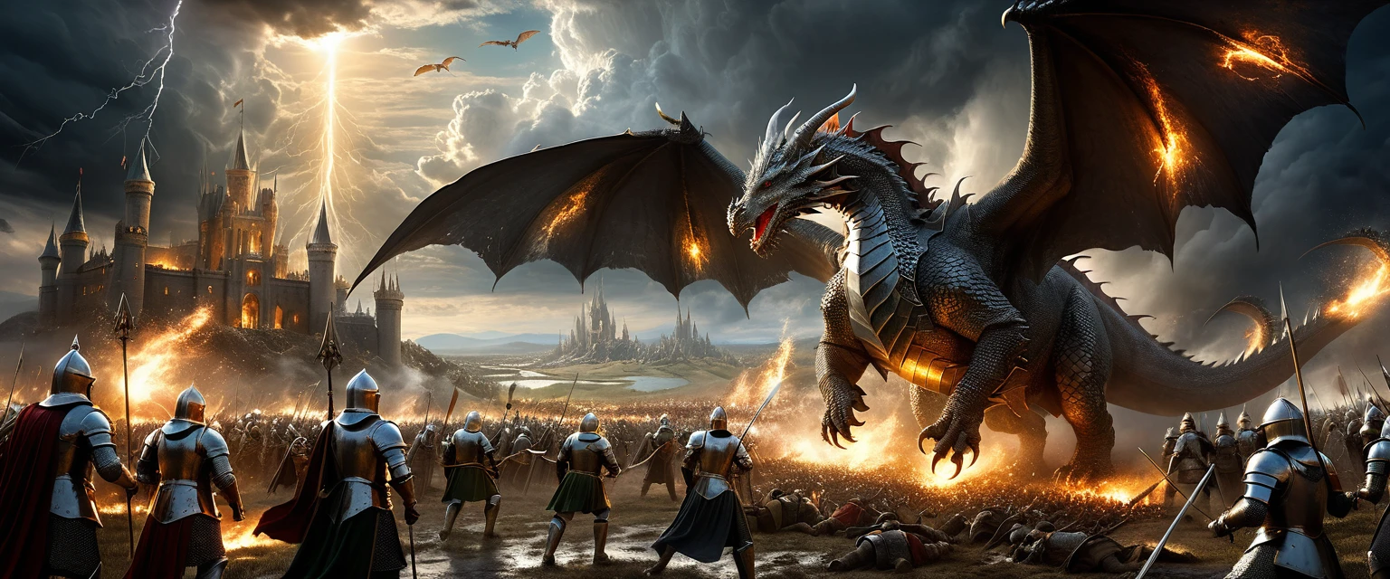 Champ de bataille fantasy épique avec chevaliers, dragons et mages