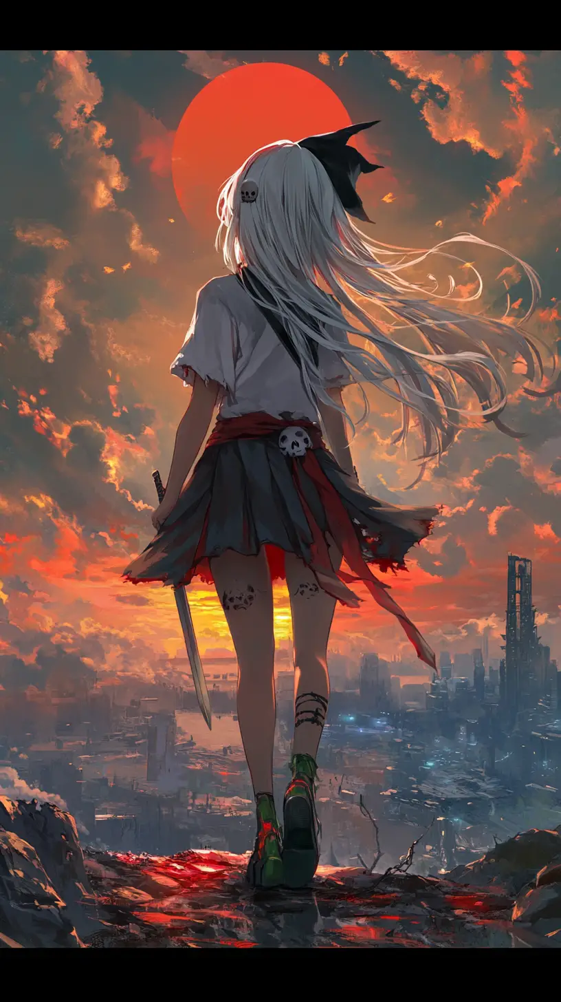 夕日を見つめる現代の城とファンタジー少女
