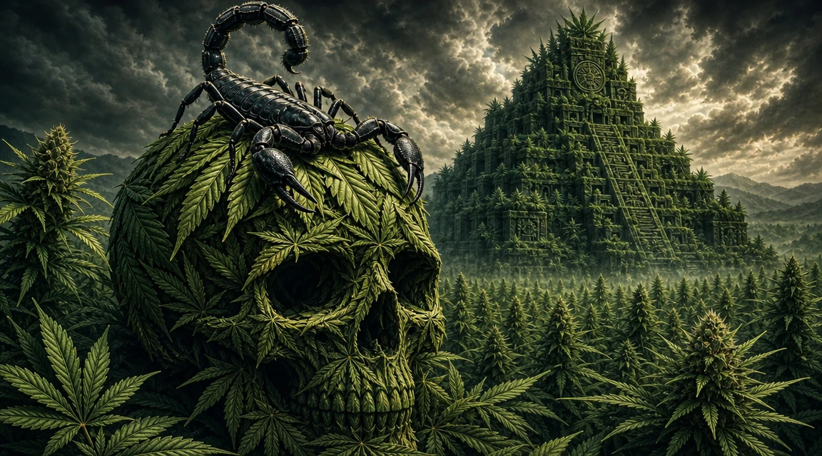 Caveira de folhas de maconha com escorpião em um campo de cannabis