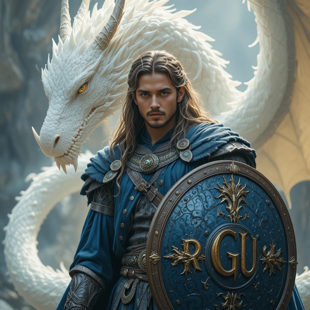 Guerrier mystique avec bouclier face à un dragon blanc éthéré