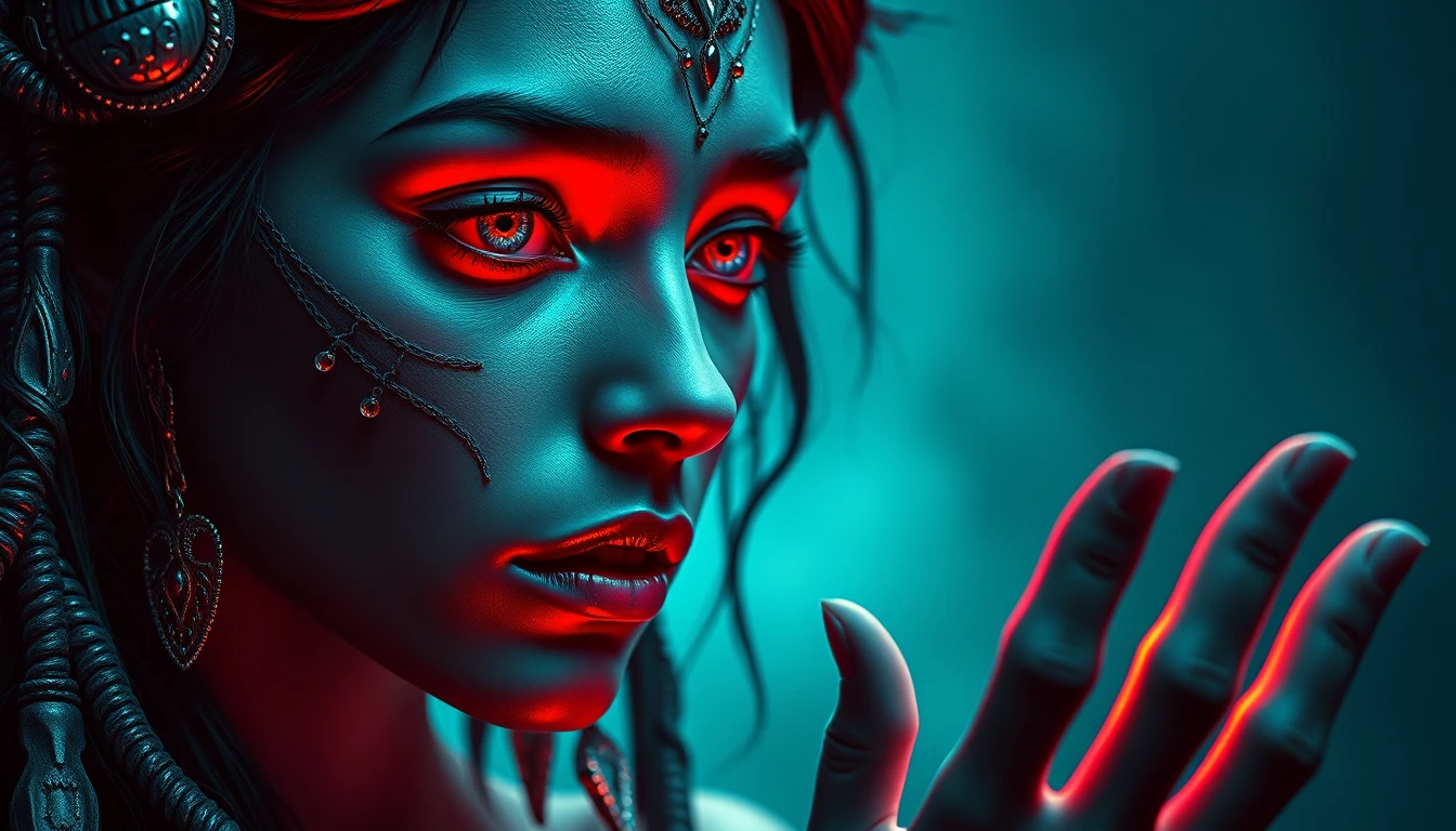 Rätselhafte Frau in einer neonfarbenen surrealen Welt, die deinen Blick anzieht