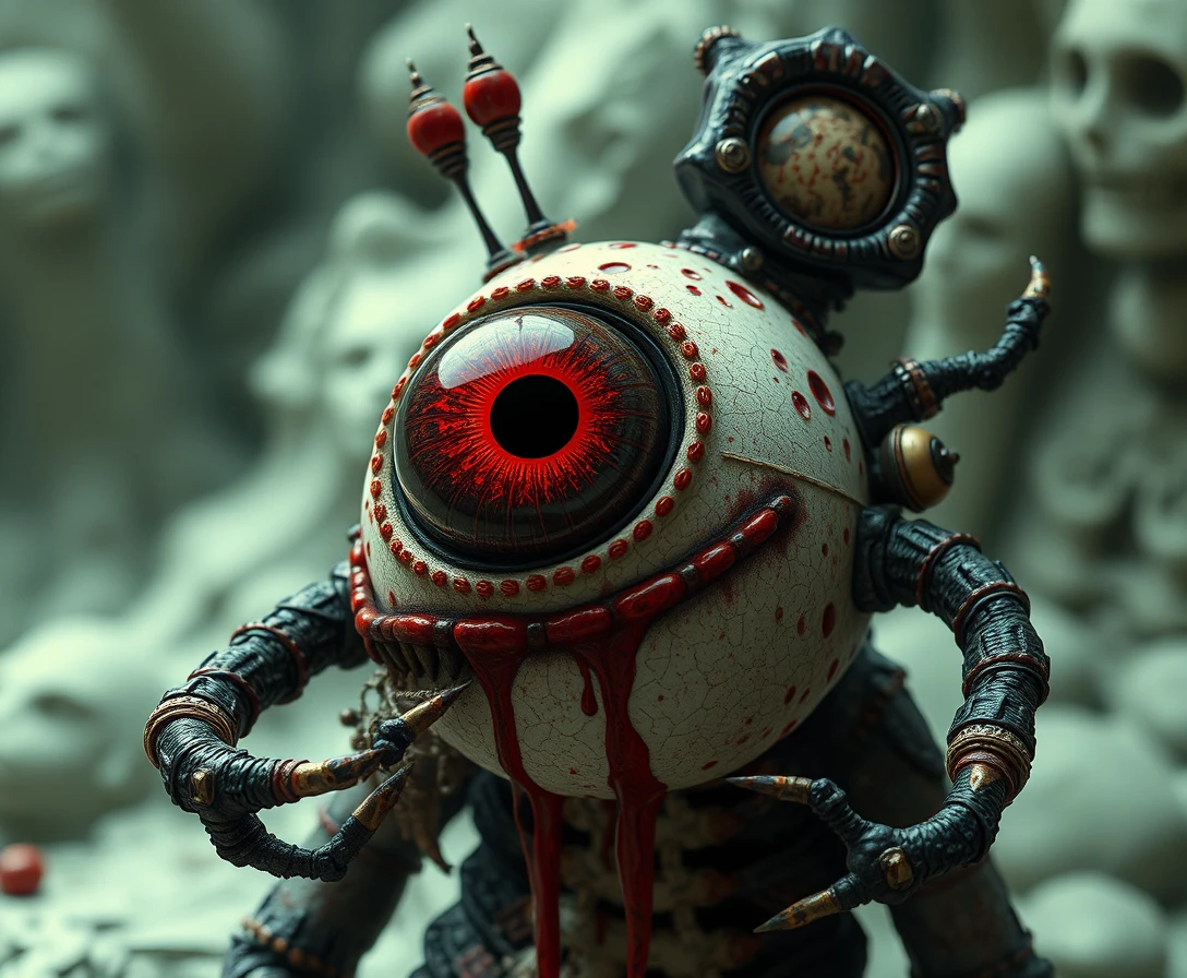 Monstro ocular de horror cômico surreal em um trono sombrio