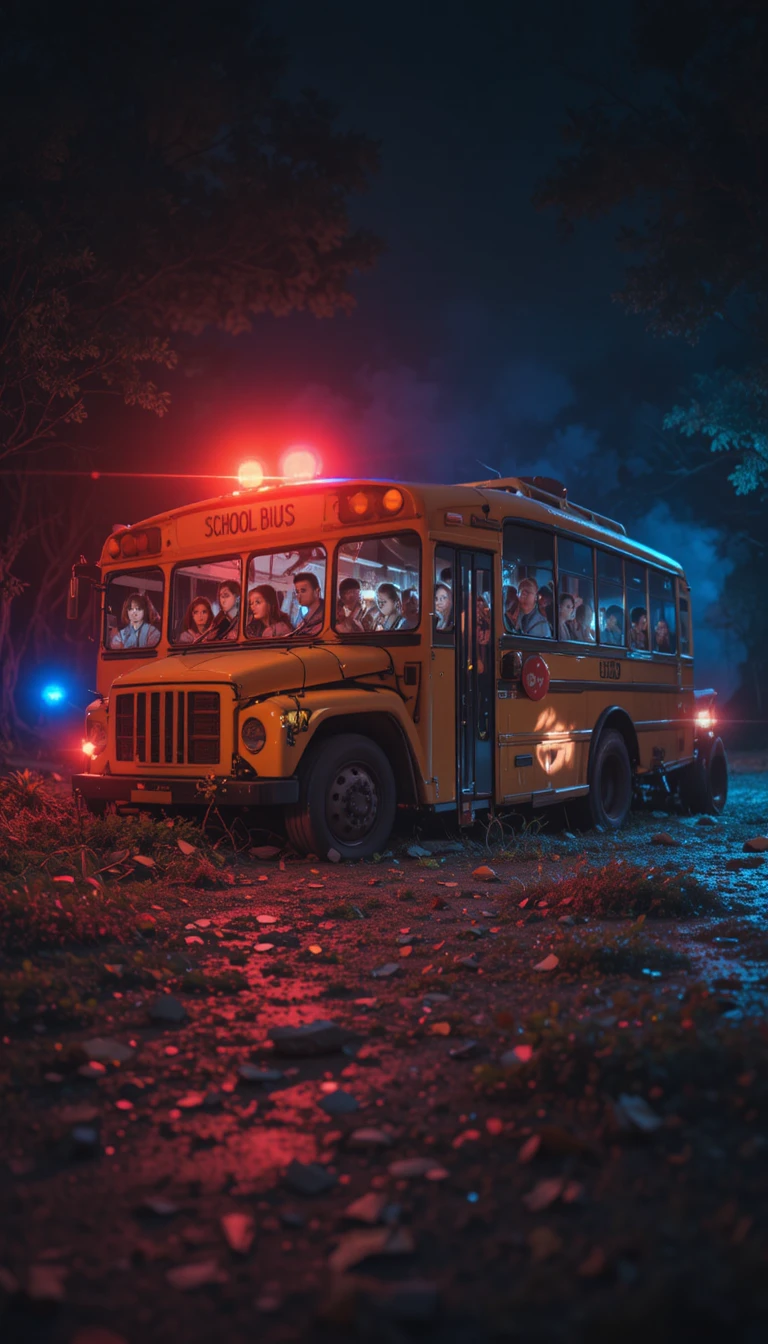 Scène nocturne d’accident avec bus scolaire jaune et gyrophares de police