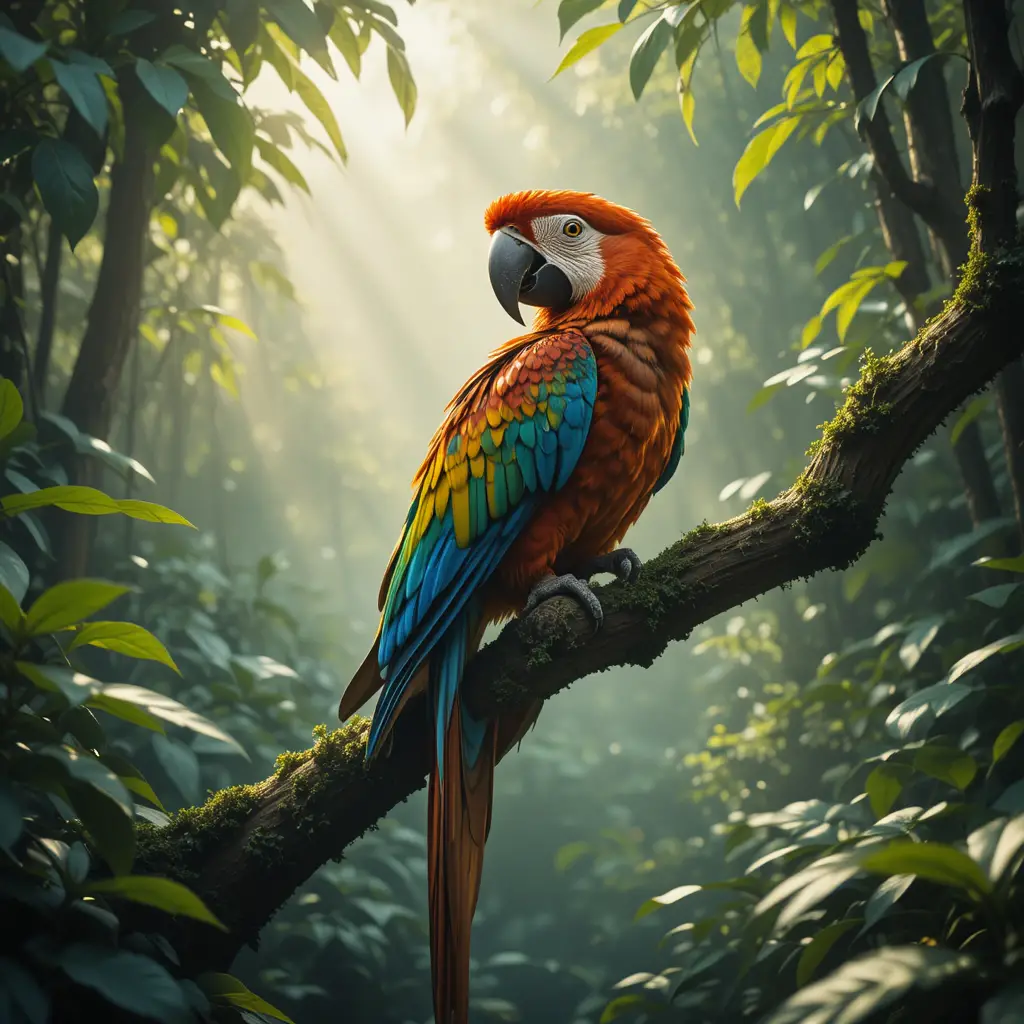 Oiseau exotique et coloré sur une branche de jungle en plein soleil