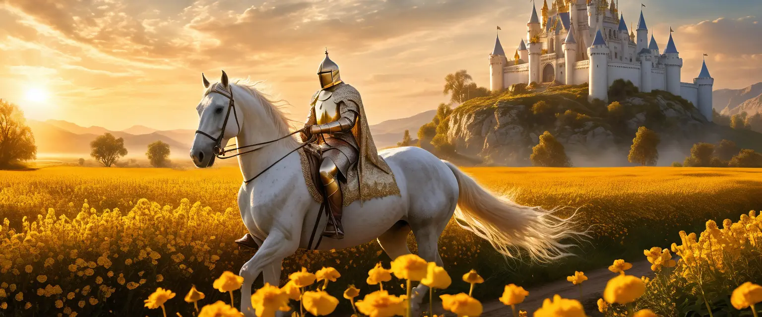 Ritter auf weißem Streitross bei Sonnenaufgang im goldenen Feld