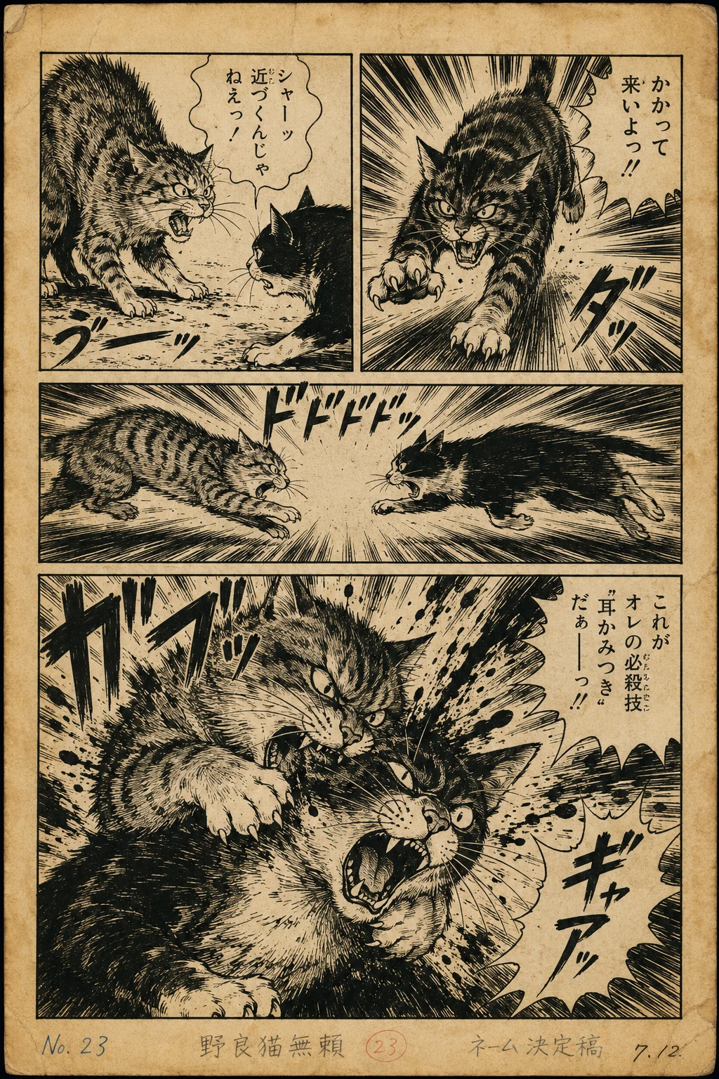 Gatos ferozes se enfrentam em painéis vintage de mangá japonês