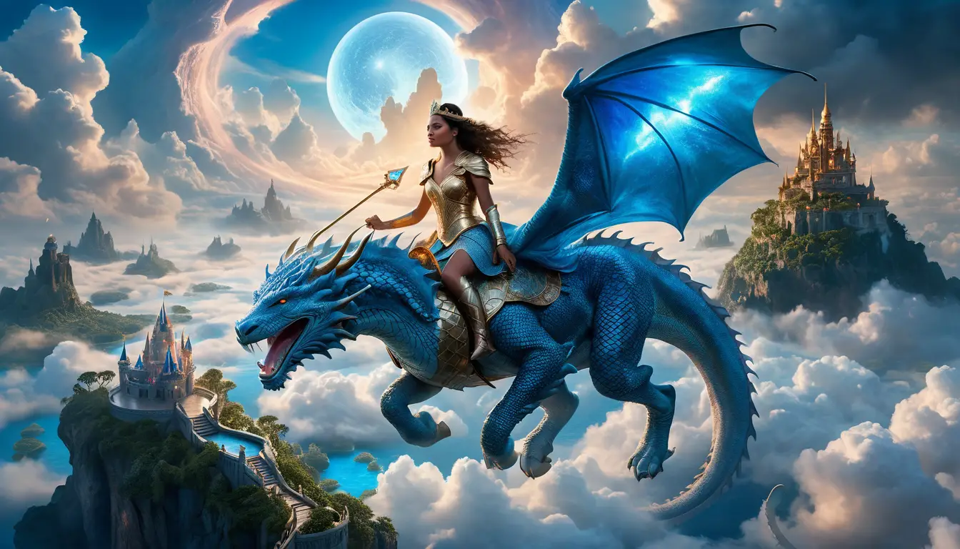 Fantasieprinzessin reitet einen himmlischen Drachen über schwebenden Inseln