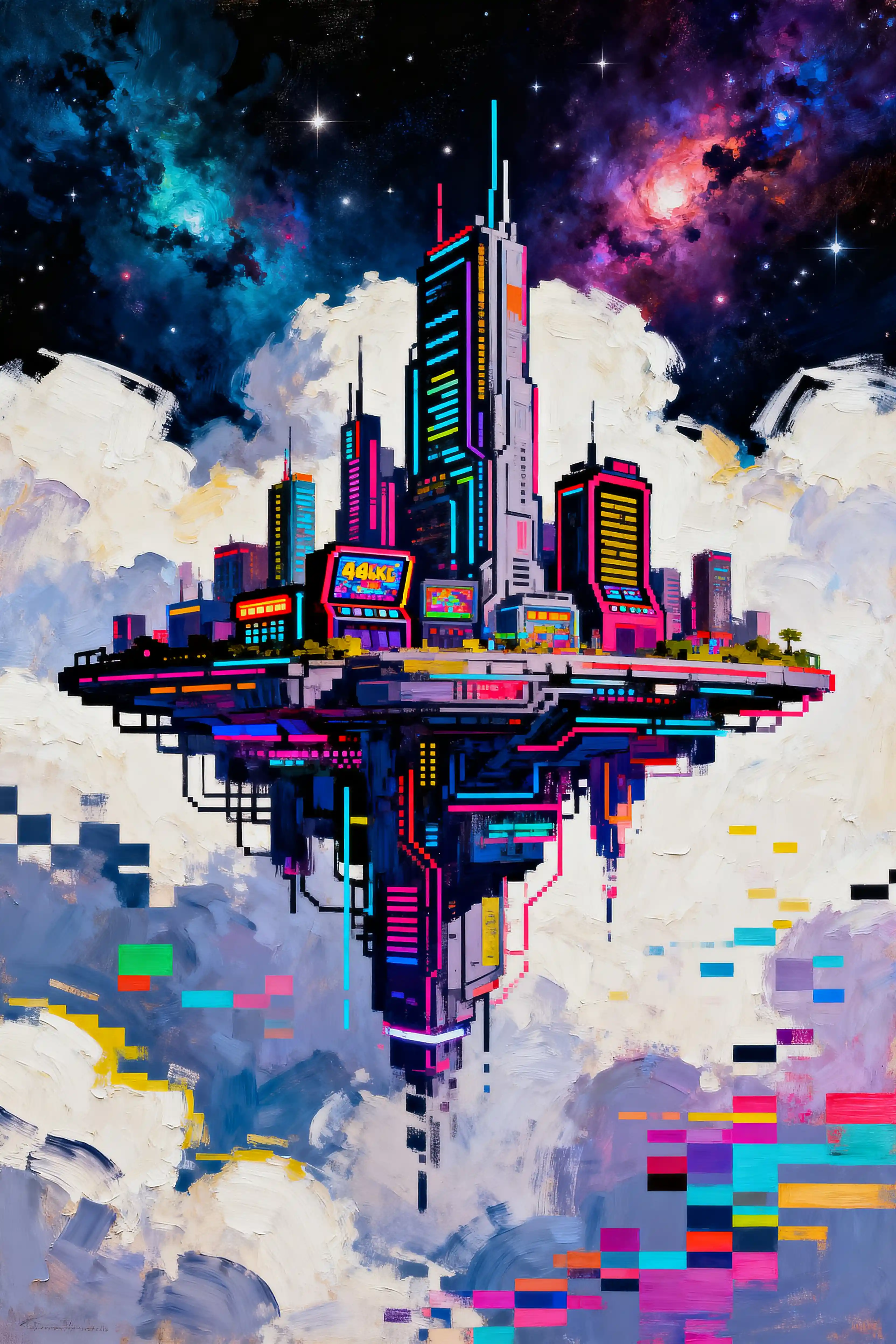 Glitching Futuristic City Floating In A Nebula Sky