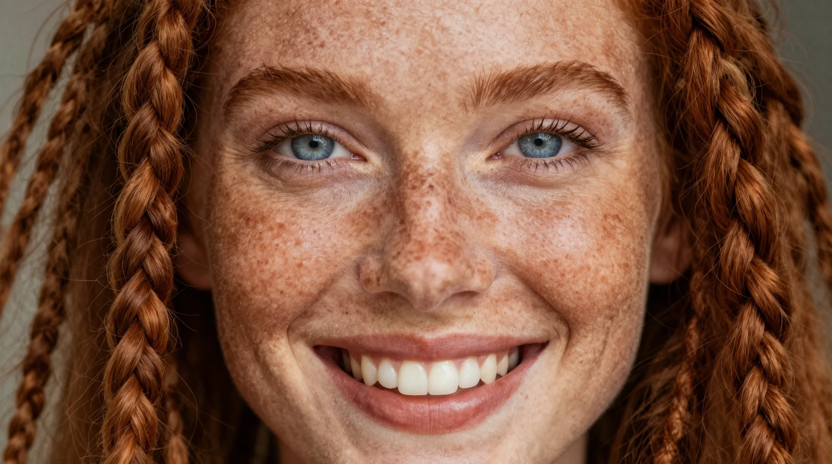 Macro close up portrait of a freckled redhead girl