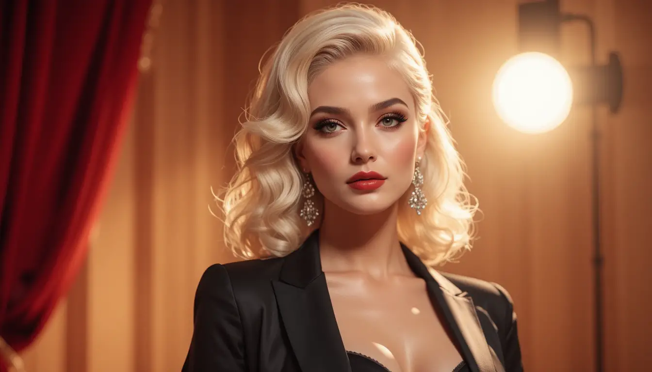Glamouröse platinblonde Frau im dramatischen Bühnenlicht