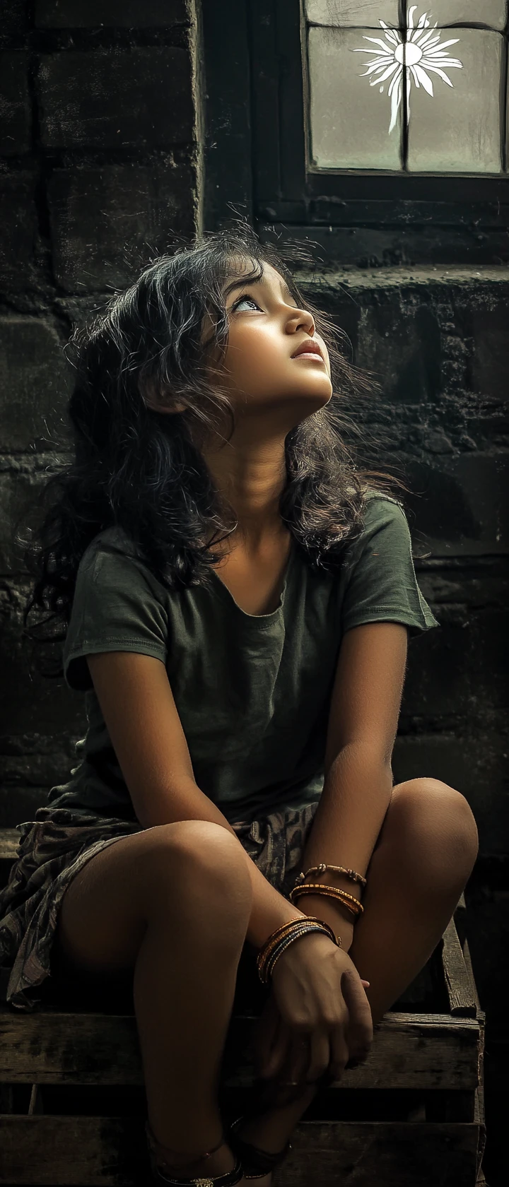 Jeune fille pensive assise près d’une fenêtre dans l’ombre