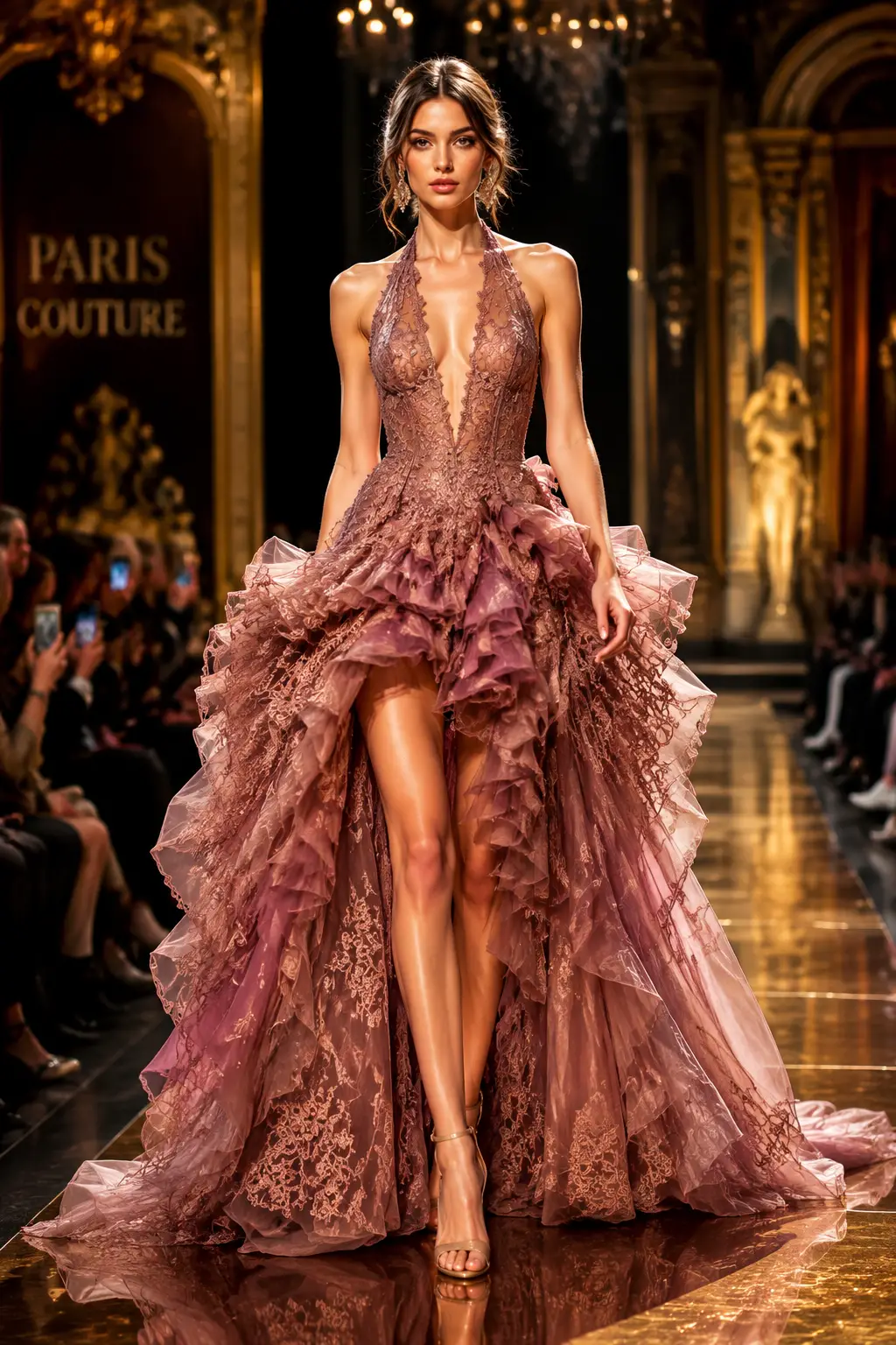 Elegant fashion model on a dramatic Paris runway
