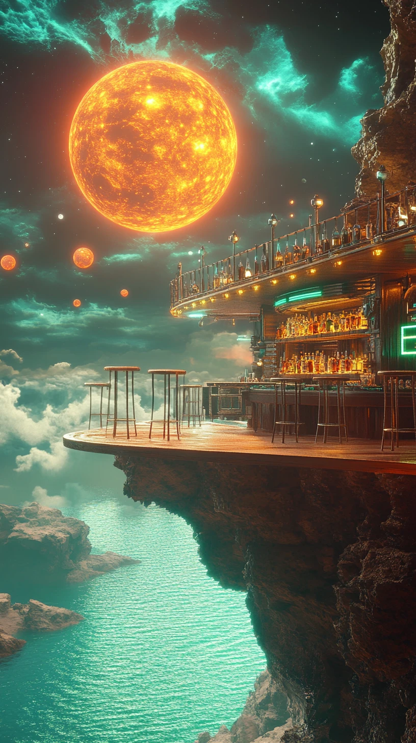 Bar futurista na encosta acima de um mar alienígena tranquilo