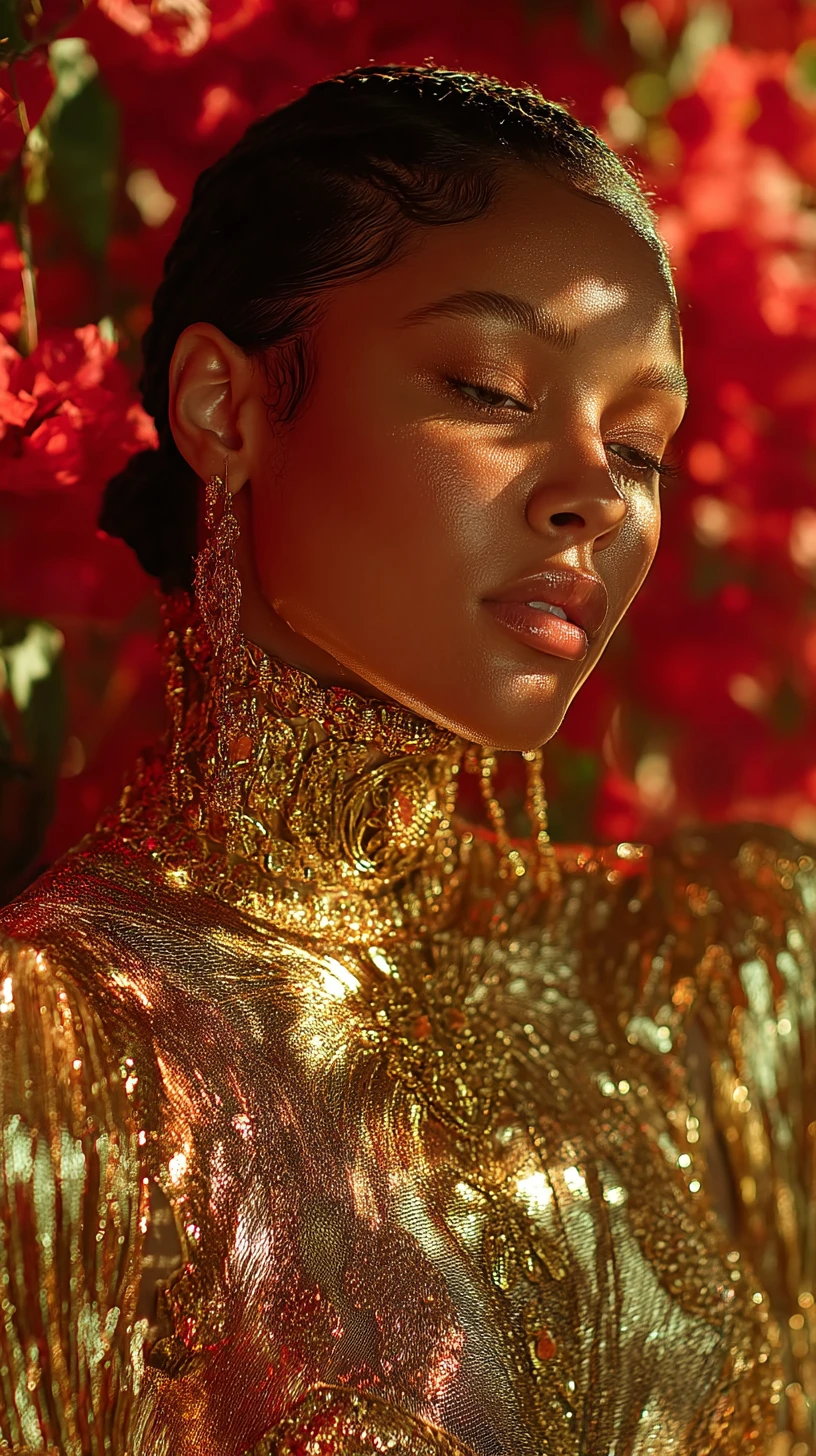 Arabisches Fashion-Model im goldenen Kleid vor floralem Hintergrund