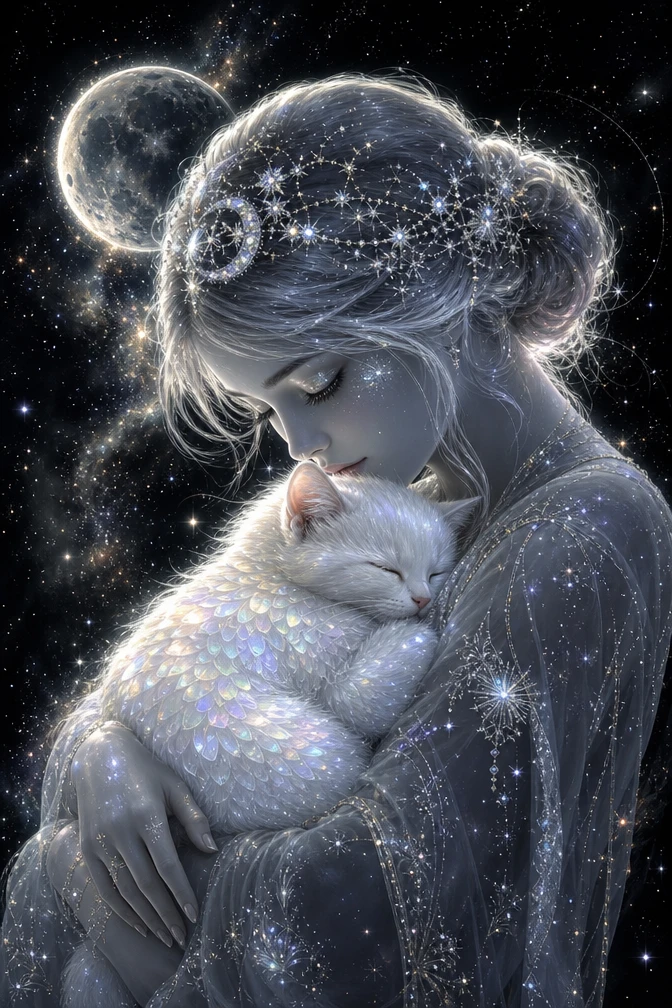 Donna celestiale dalla pelle d’argento che culla un gattino addormentato
