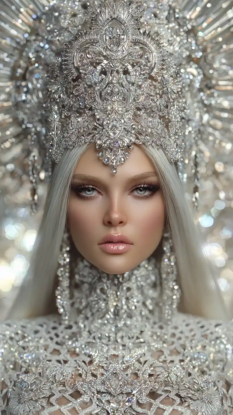 Reine des glaces éthérée avec couronne de bijoux et robe argentée