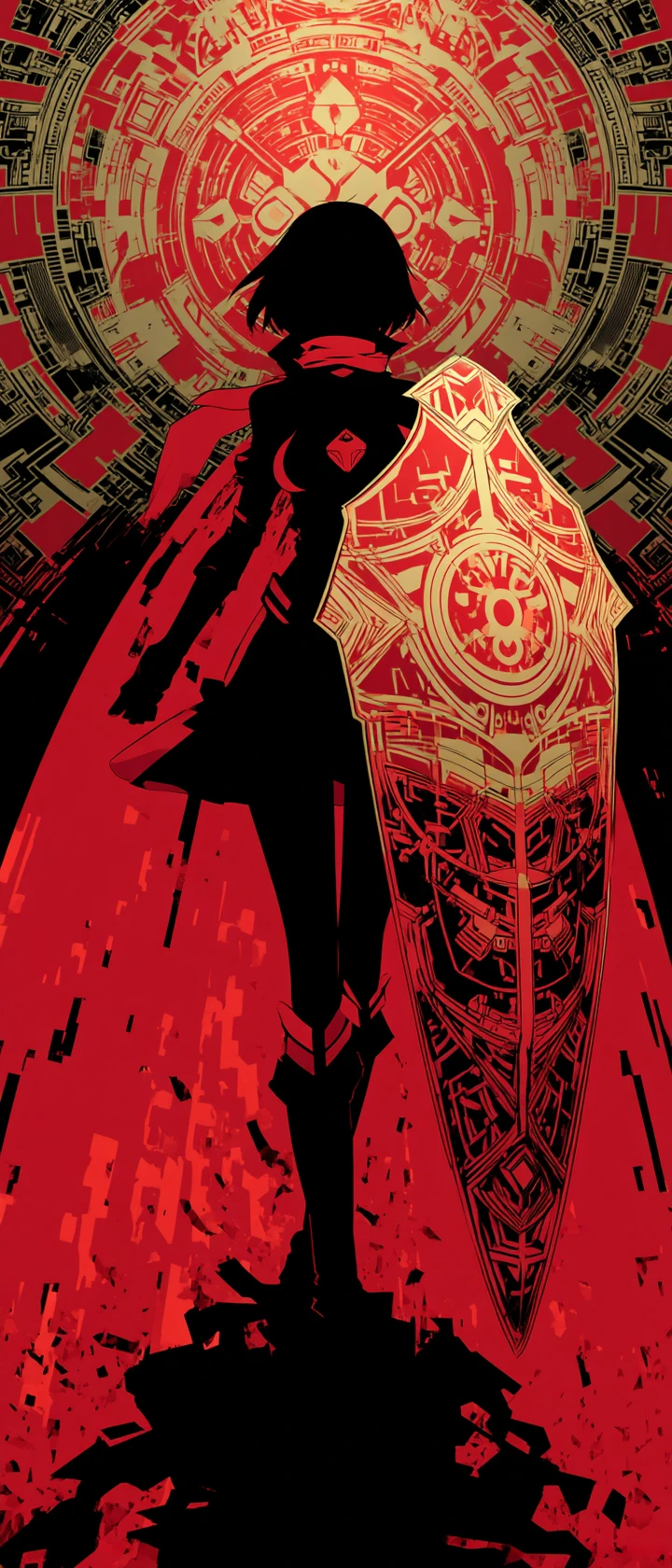 Guardián de anime invocando un escudo radiante de símbolos en capas