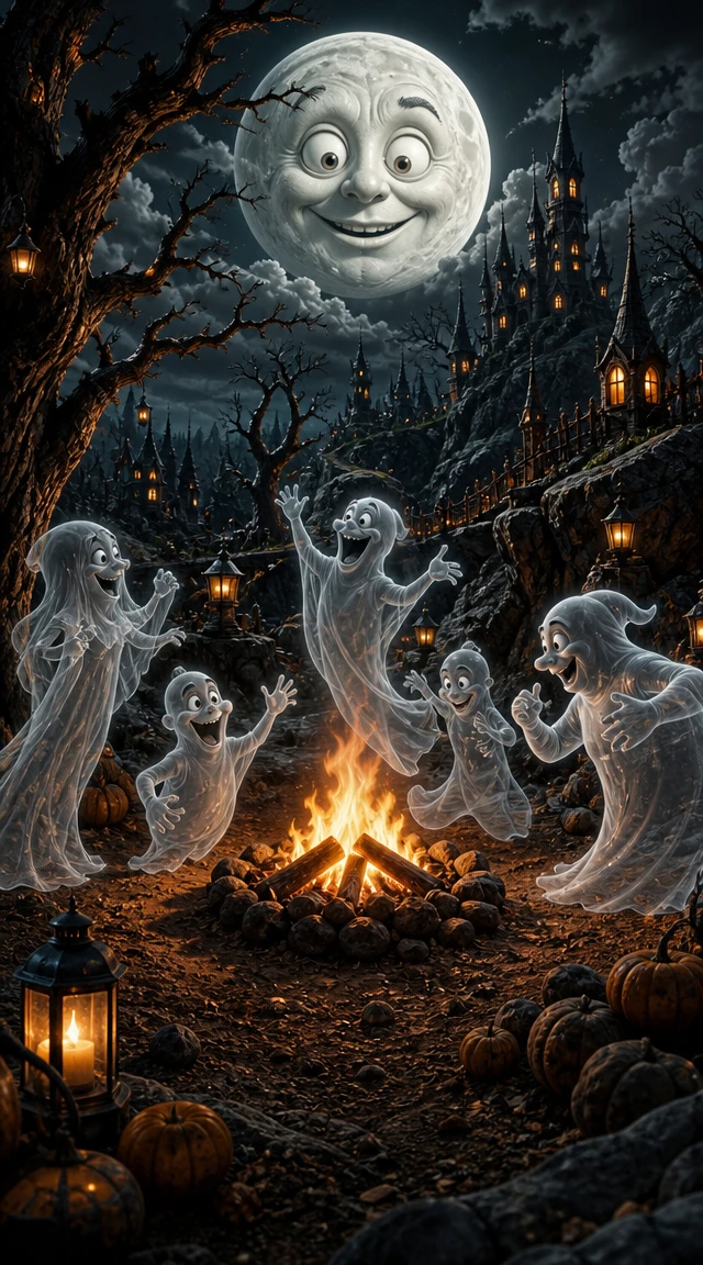 Fantasmas dançando em volta de uma fogueira em uma paisagem de fantasia