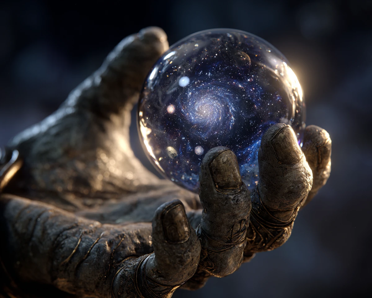 Steinerne Götterhand, die eine leuchtende Galaxie in Glas hält