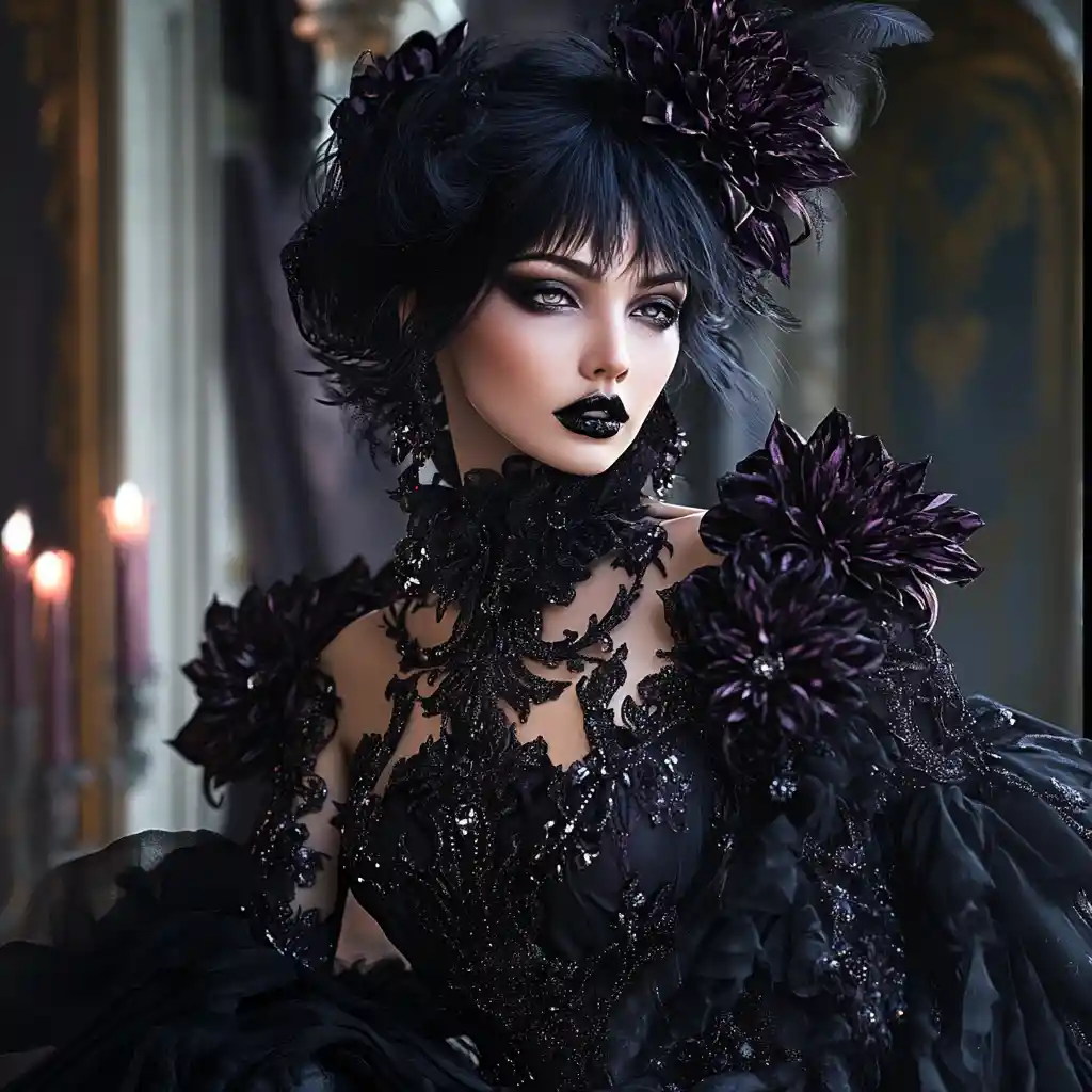 Gothic woman in black floral couture before grand manor