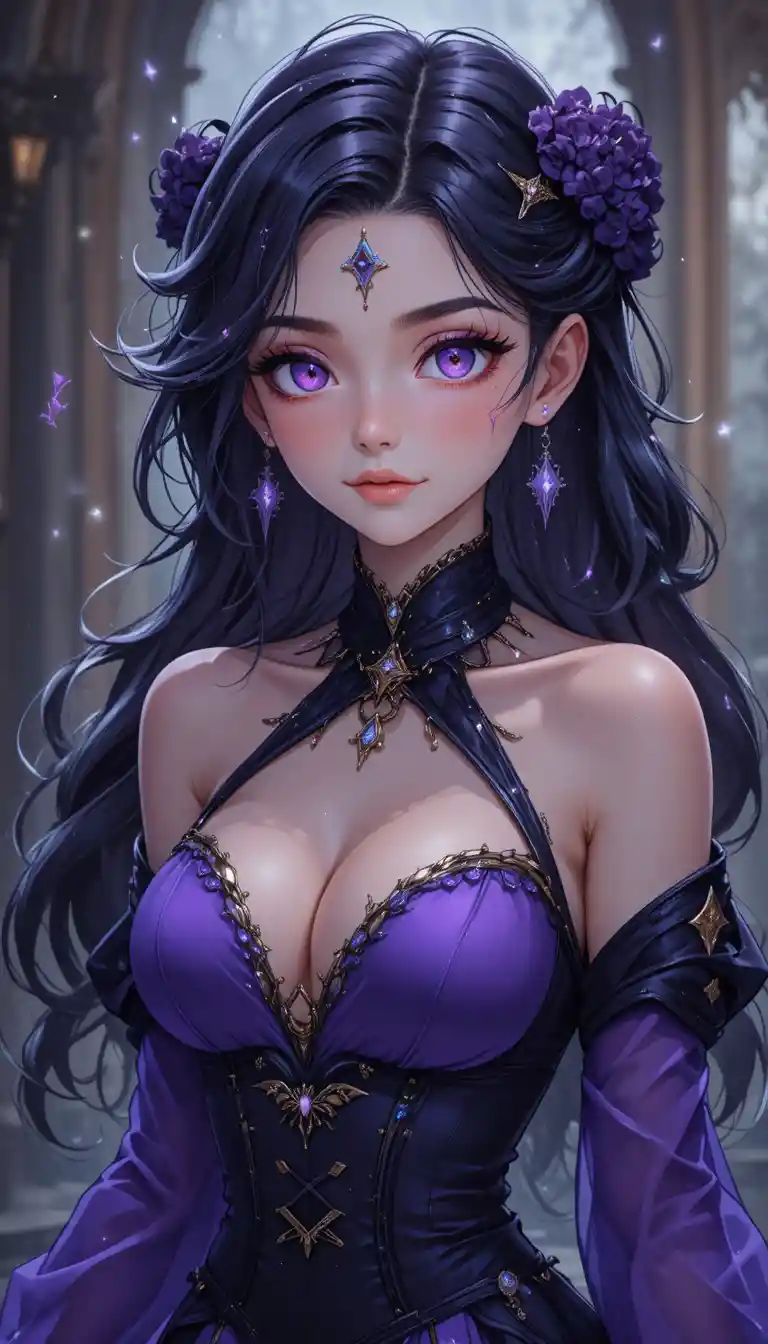 Young violet eyed anime witch surrounded by floating magic