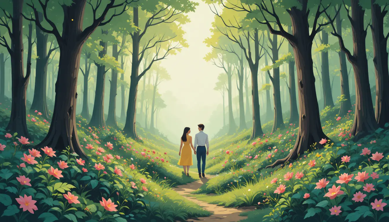 Illustration plate d’une forêt avec fleurs sauvages et famille en promenade