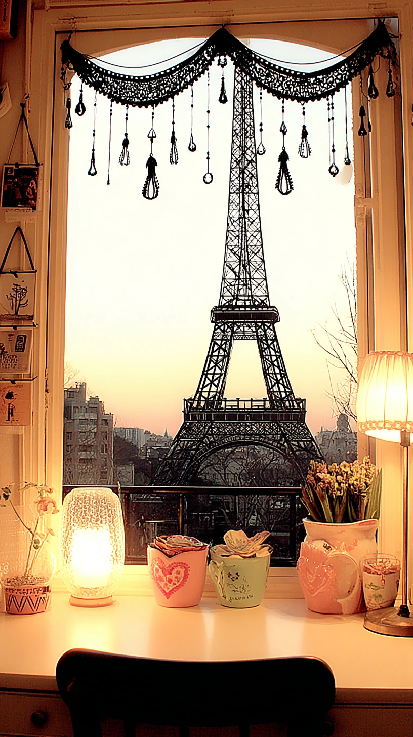 Quarto aconchegante com vista vertical da Torre Eiffel