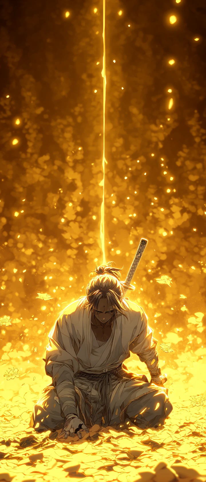Guerreiro de anime ajoelhado ao renderizar sua espada pela paz