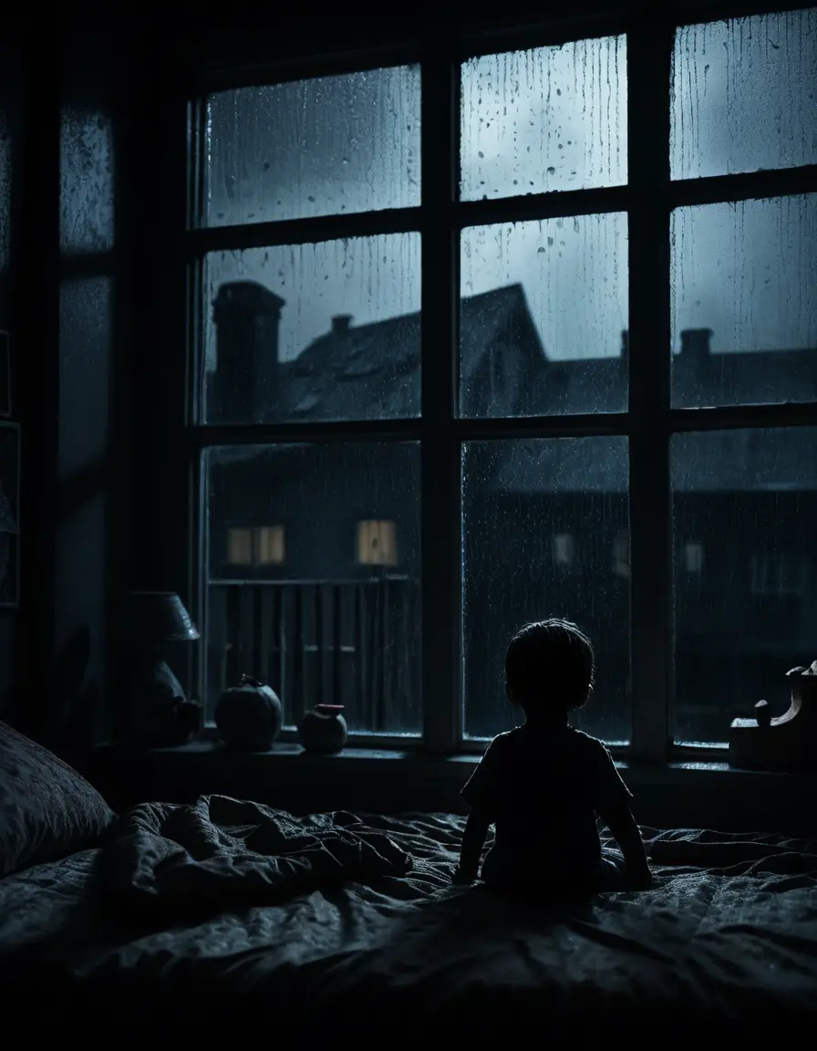Fenêtre de chambre d’enfant avec silhouette nocturne terrifiante à l’extérieur