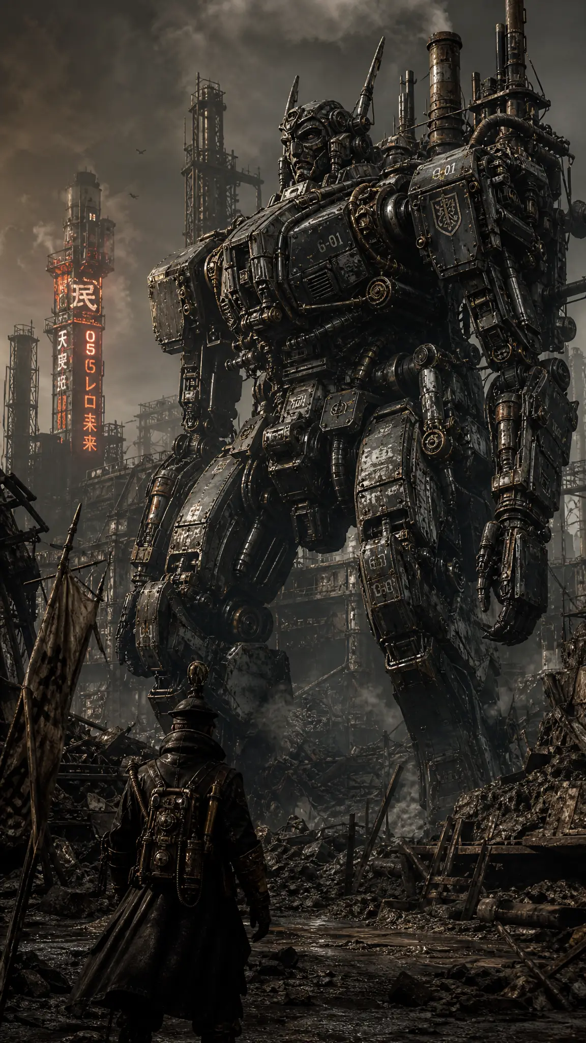 Massive diesel mecha in a dystopian steampunk cityscape