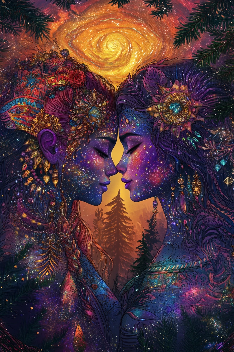 夕焼けに輝く宇宙で抱き合う天上的な恋人たち
