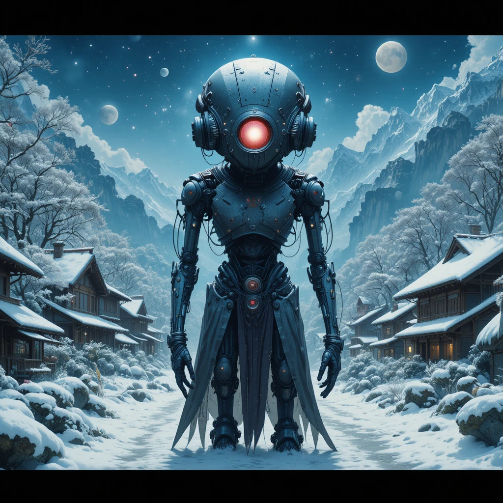 Kybernetischer Android in einem verschneiten japanischen Fantasy-Dorf