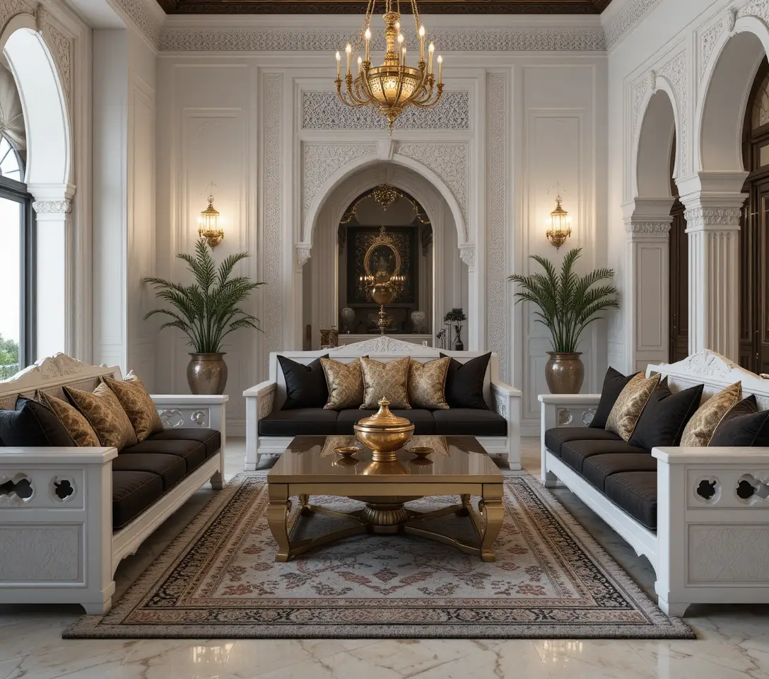 Salon marocain de luxe avec sedari blancs et table dorée