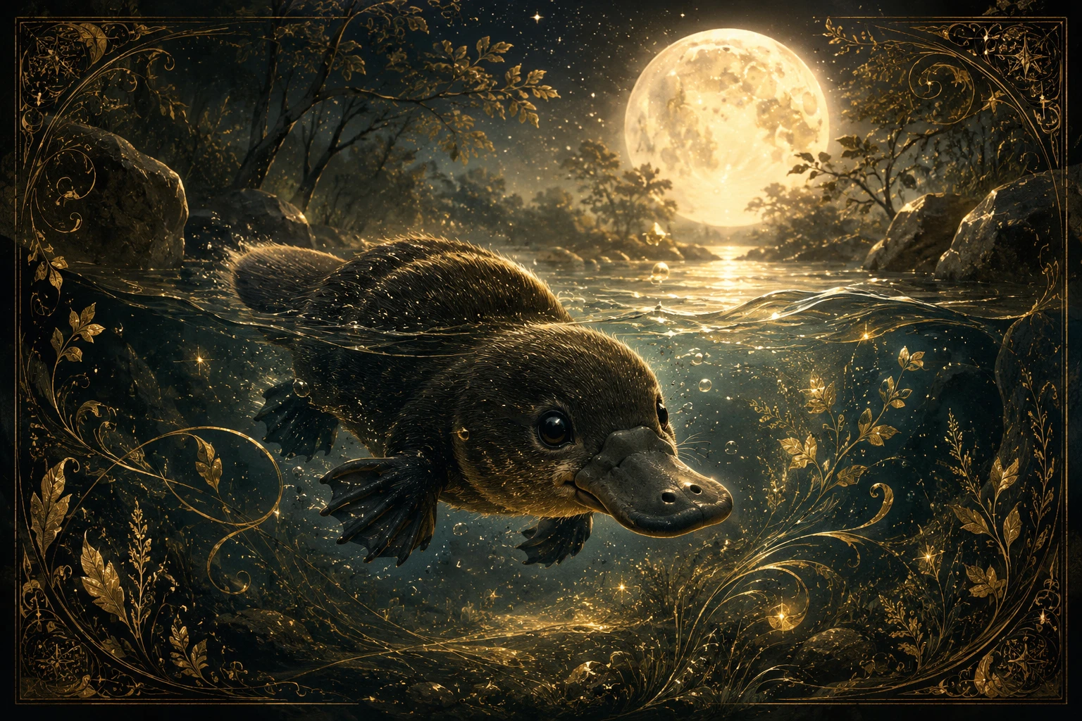 Silhouette di un cucciolo di ornitorinco che nuota in un fiume al chiaro di luna