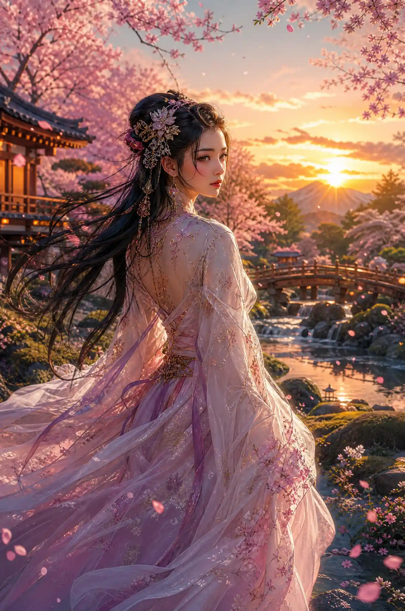 노을 진 평온한 일본 정원 속 신비로운 여성