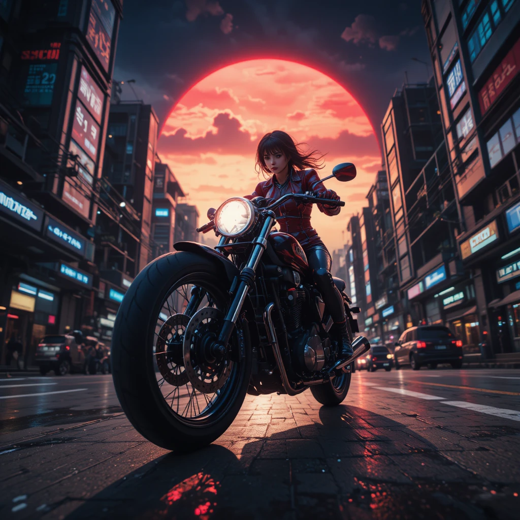 Motoqueiro cyberpunk correndo por uma cidade futurista ao nascer do sol