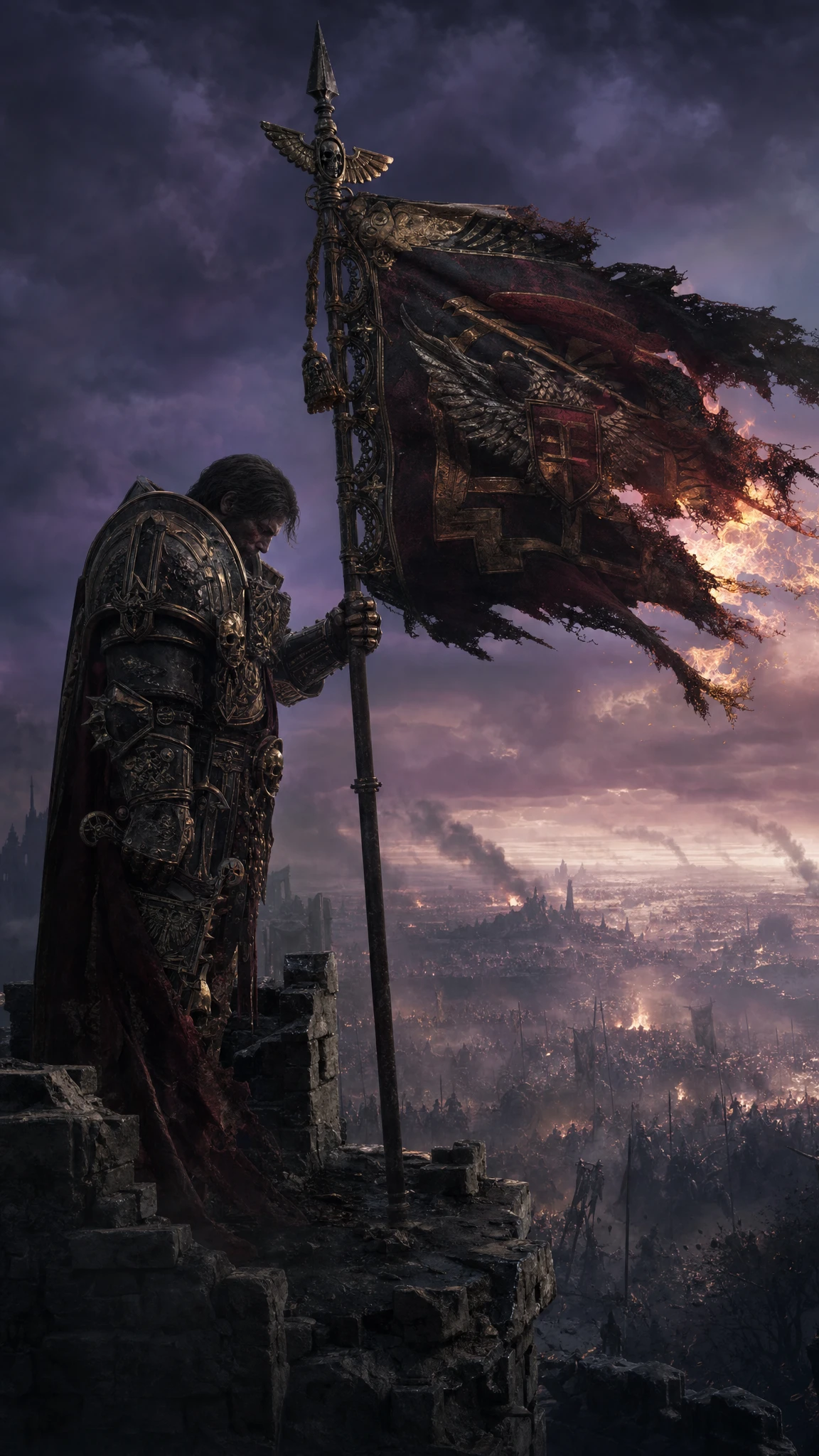 Einsamer Paladin mit brennendem Banner auf den Ruinen einer Festungsmauer