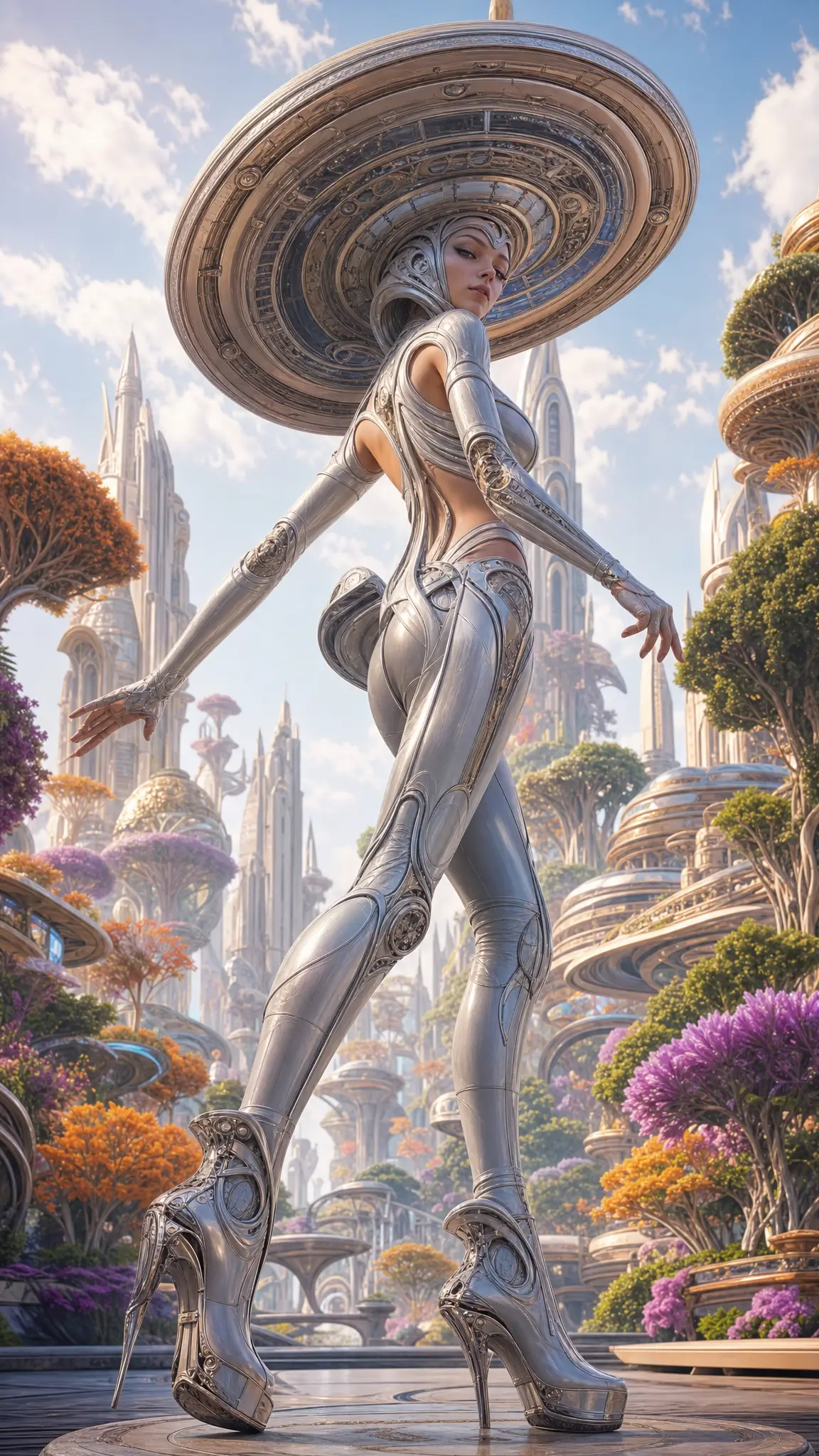 Femme futuriste aux cheveux en forme de soucoupe dans une scène de science‑fiction