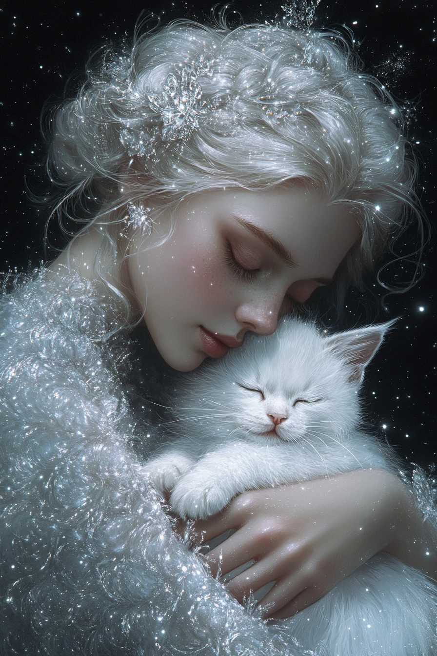 Garota celestial acolhendo um gatinho branco com penas de cristal