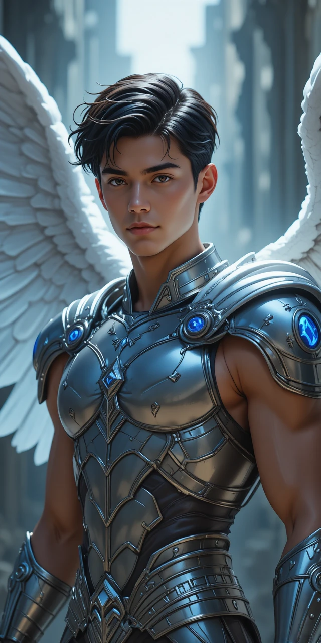 Guerrière valkyrie angélique avec armure runique lumineuse et ailes