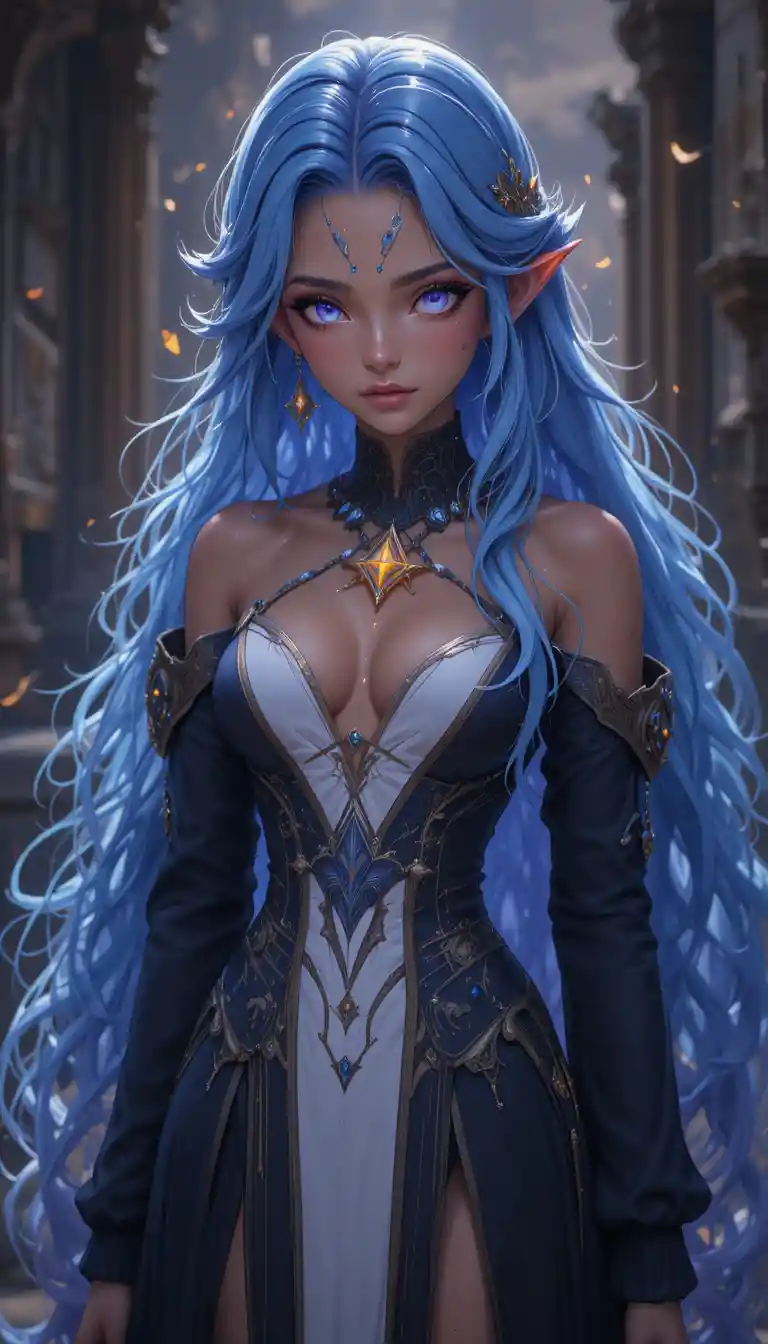 Anime sorceress with violet eyes and flowing magic robes