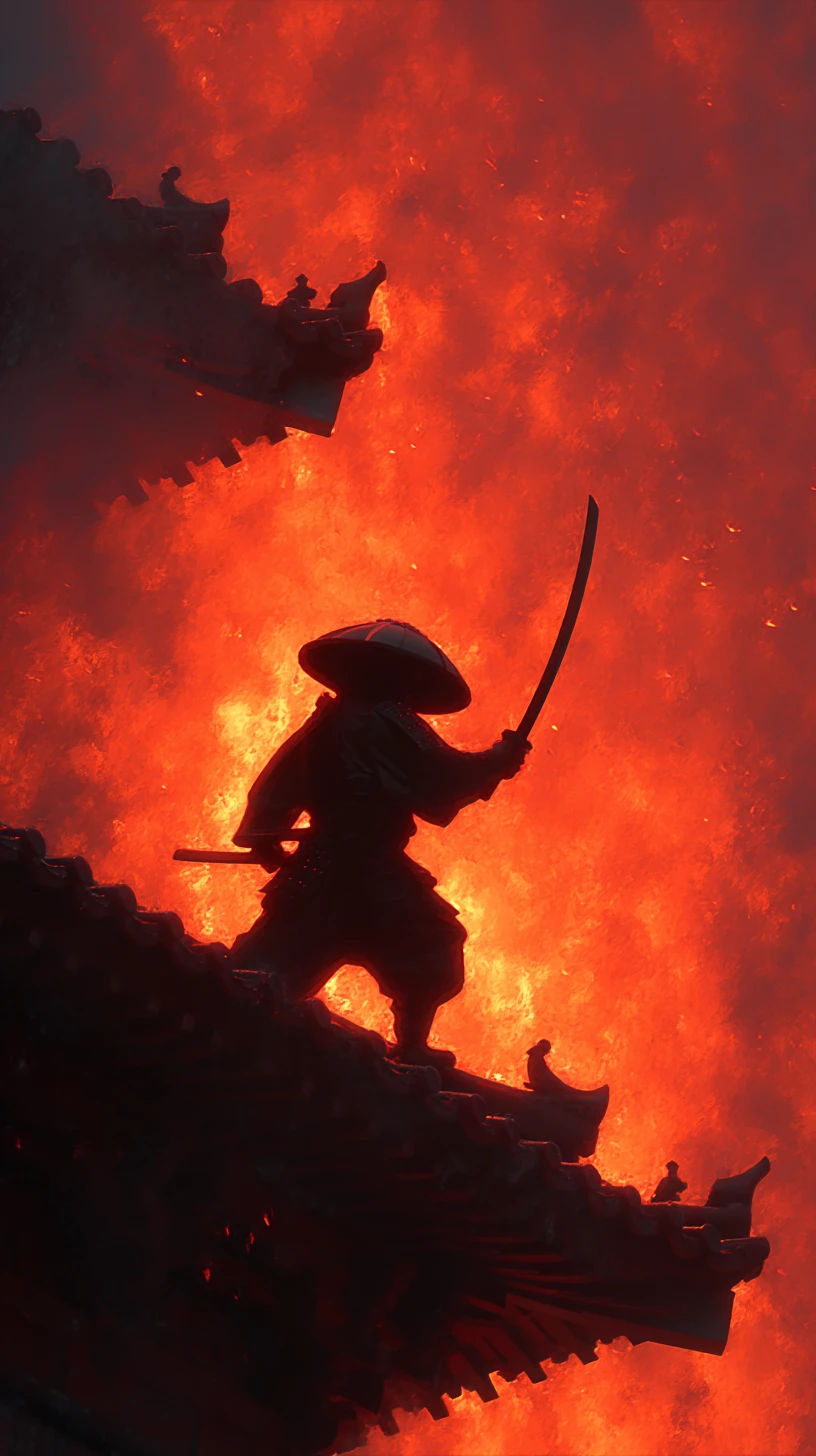 Einsamer Samurai auf einer brennenden Burg unter feurigem Himmel