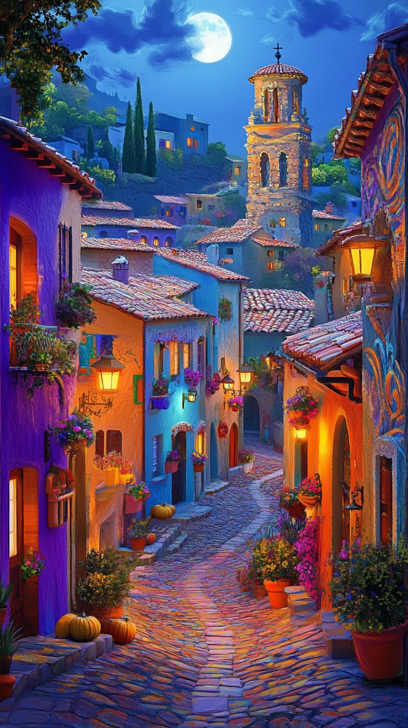 Calle de pueblo europeo a la luz de la luna con casas coloridas