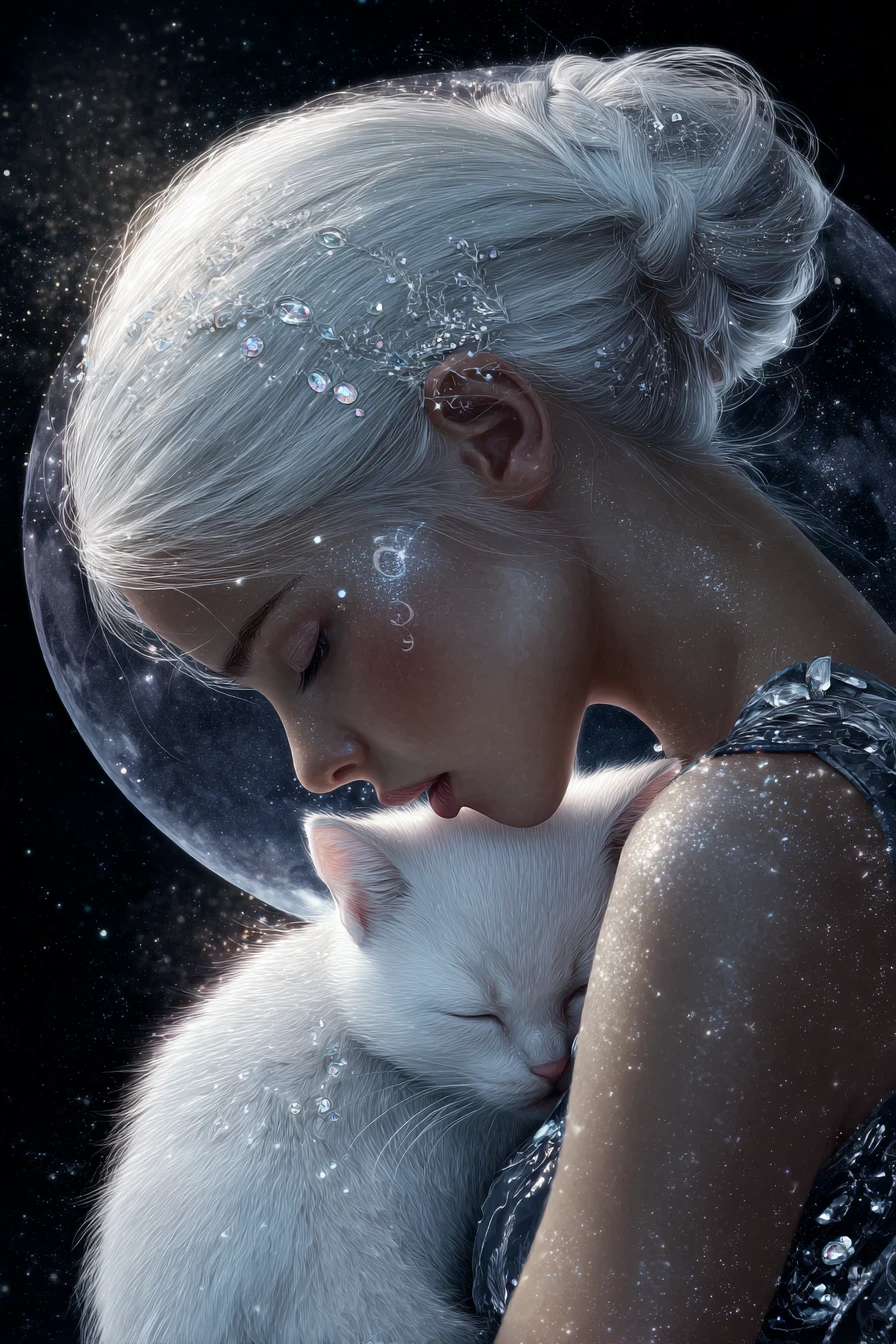 Garota celestial de pele prateada embalando um gatinho adormecido